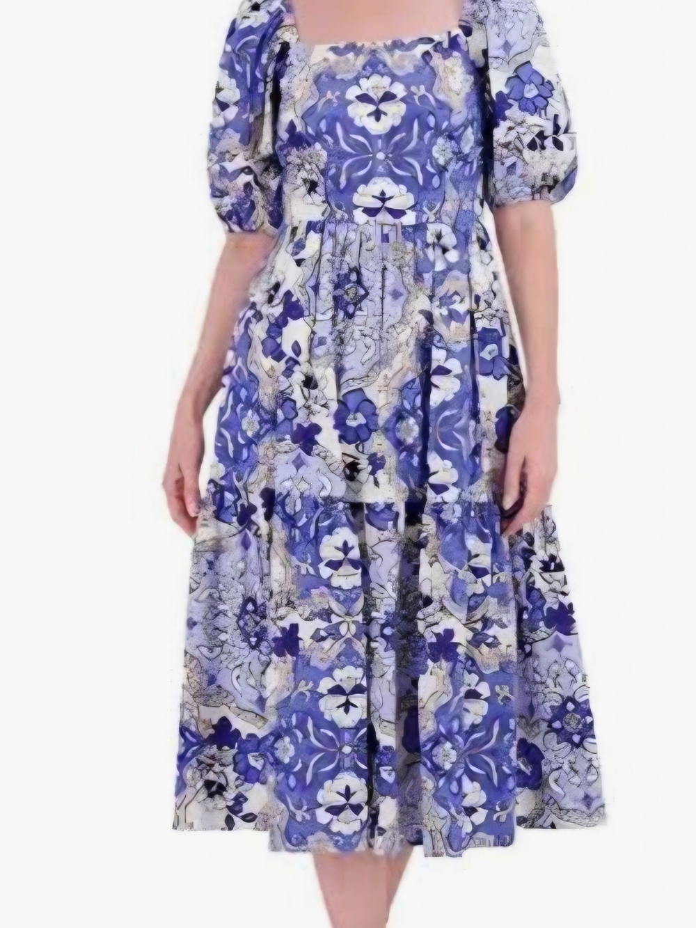 NWT Vince Camuto Blue White Floral Puff Sleeve Dress Square Neck!